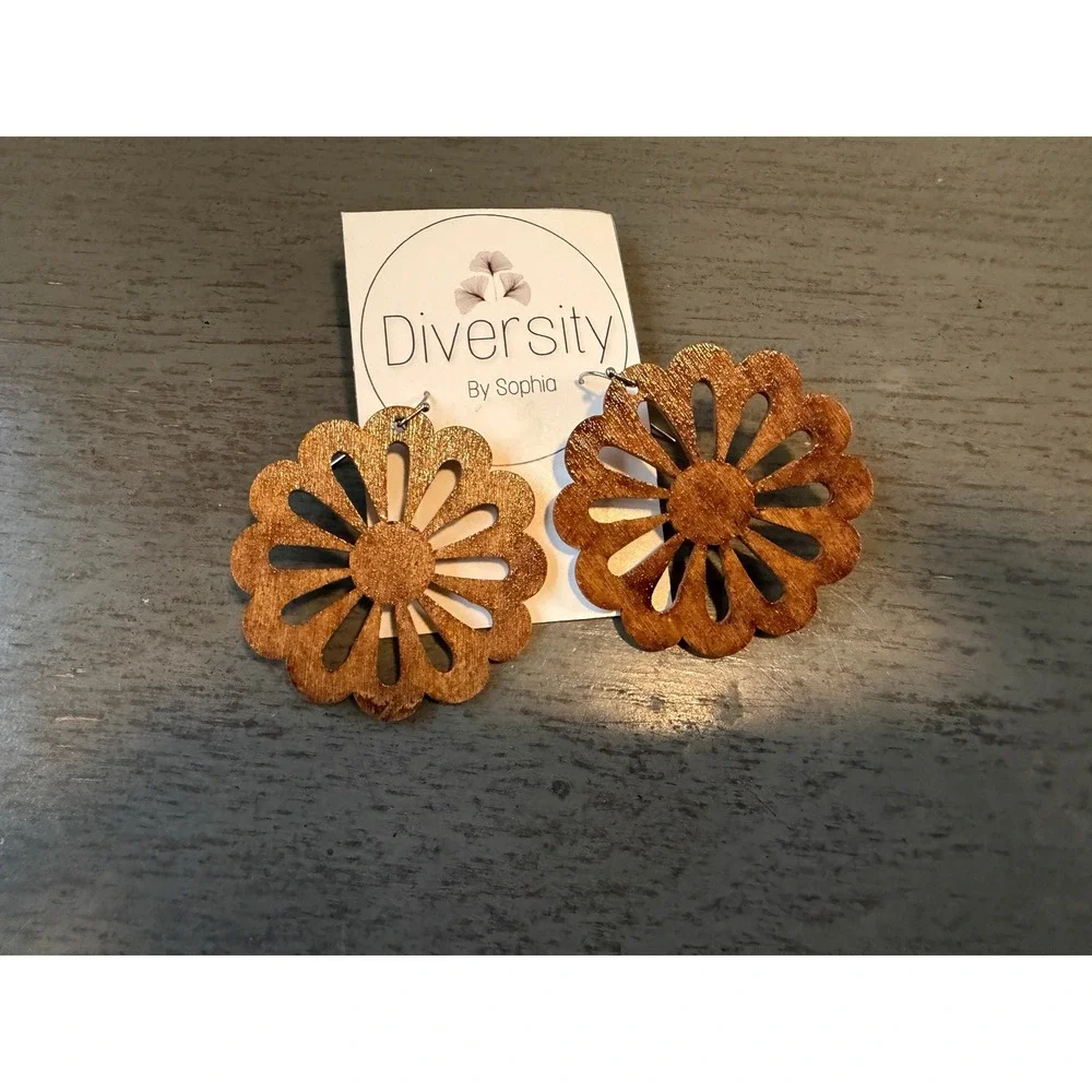 Diversity By Sophia Wood Cutout Flower Statement Earrings Brown Boho Scalloped